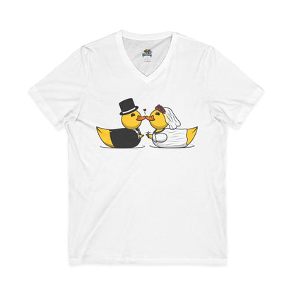 V-Neck Tee — Cute Bride & Groom Duck Couple Shirt (Wedding Ducks)