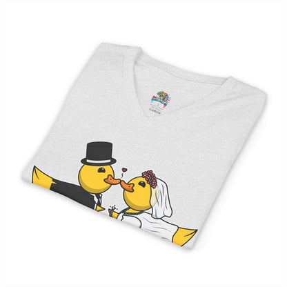 V-Neck Tee — Cute Bride & Groom Duck Couple Shirt (Wedding Ducks)