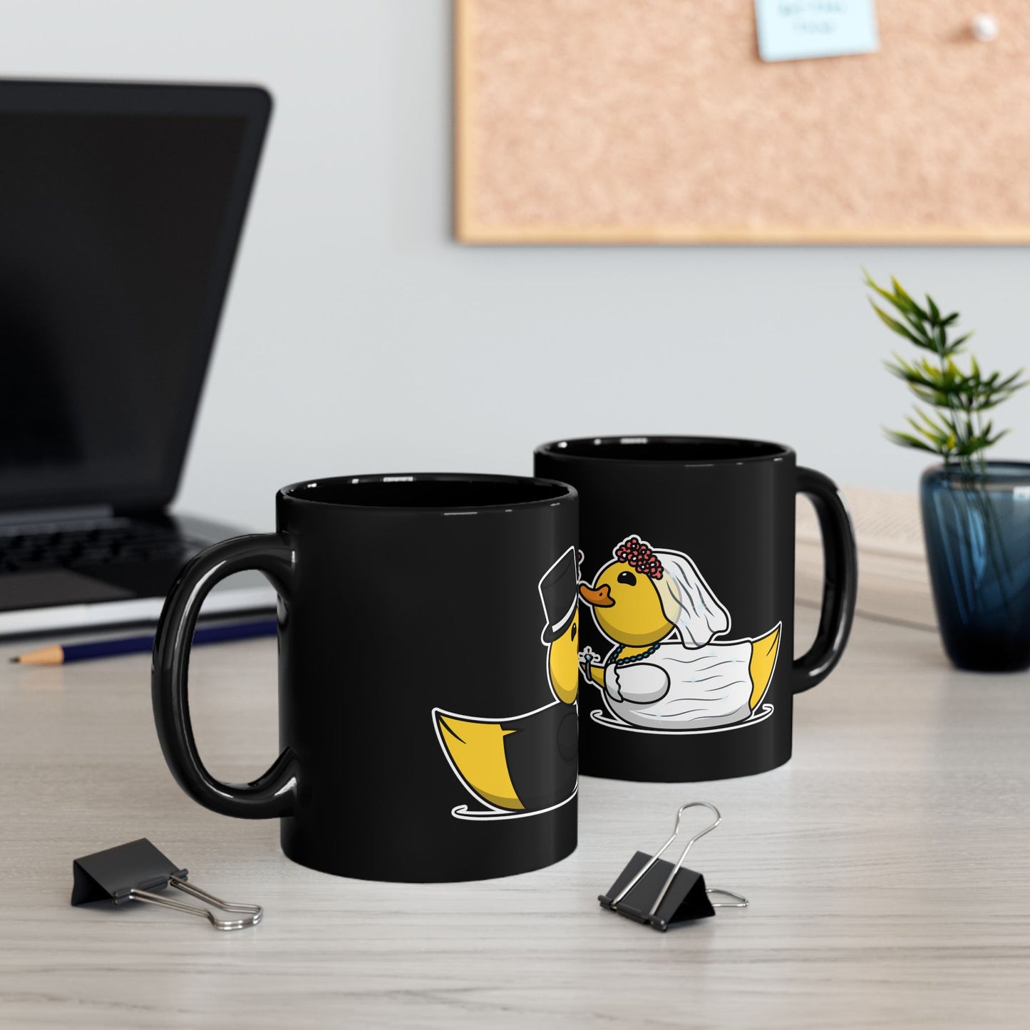 Black Ceramic Mug – Cute Bride & Groom Love Gift 11oz & 15oz (Wedding Ducks)