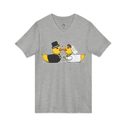 V-Neck Tee — Cute Bride & Groom Duck Couple Shirt (Wedding Ducks)