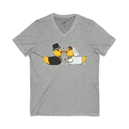 V-Neck Tee — Cute Bride & Groom Duck Couple Shirt (Wedding Ducks)