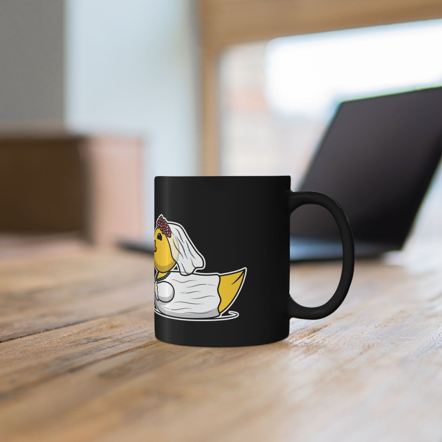 Black Ceramic Mug – Cute Bride & Groom Love Gift 11oz & 15oz (Wedding Ducks)