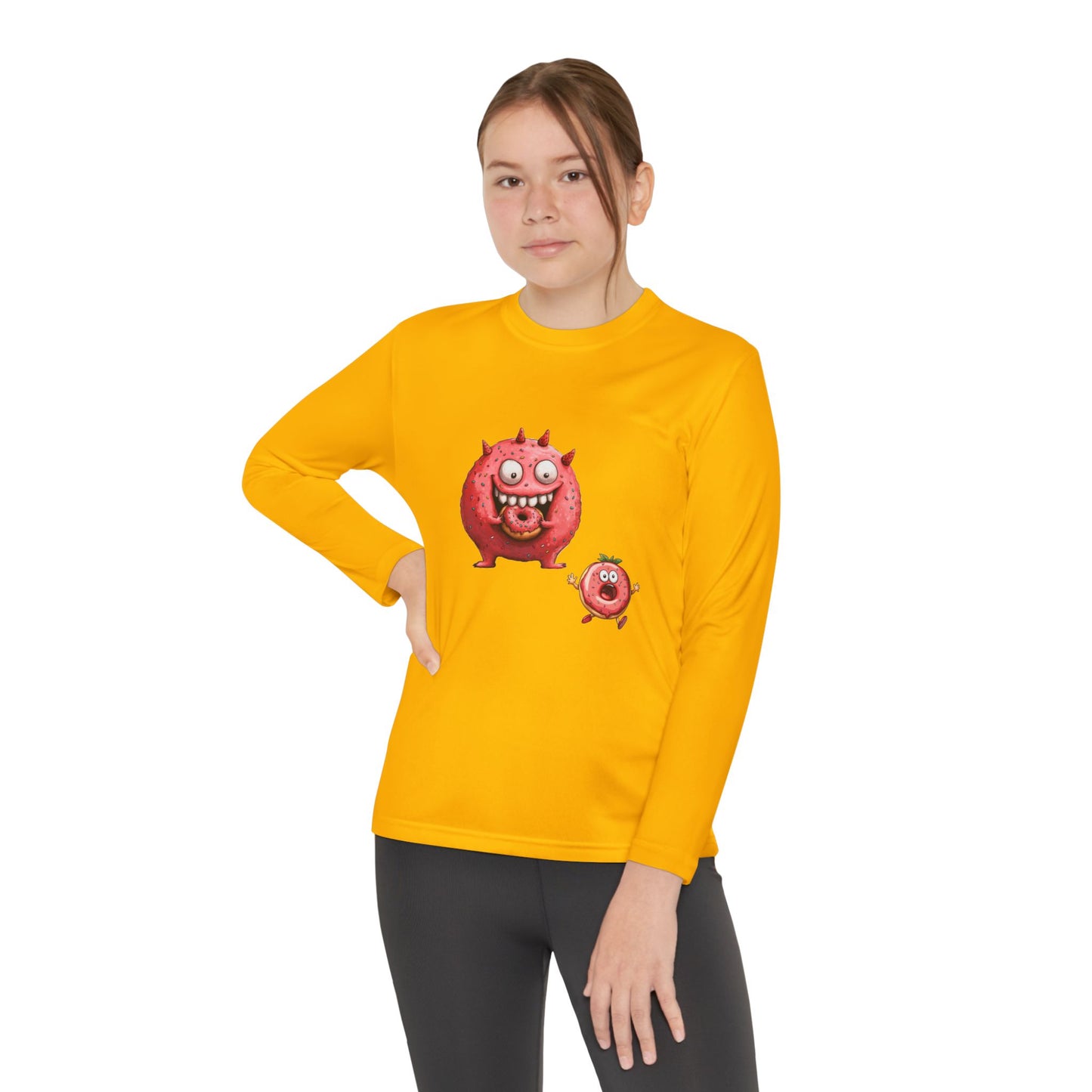 Youth Long Sleeve Competitor Tee (Donut Monster eating Donut)