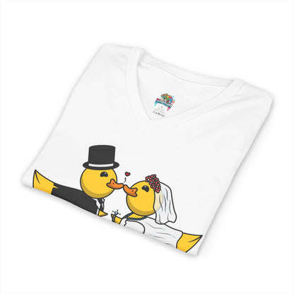 V-Neck Tee — Cute Bride & Groom Duck Couple Shirt (Wedding Ducks)