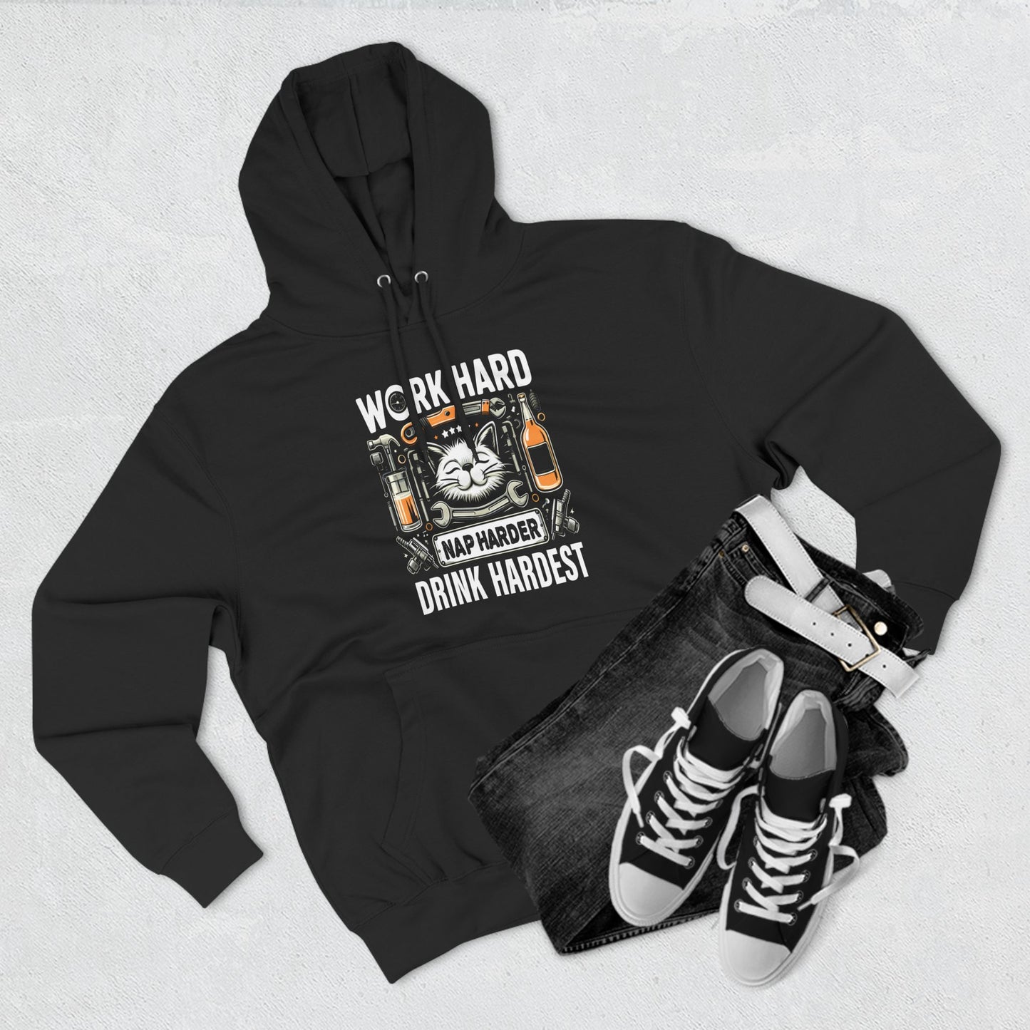 Three-Panel Fleece Hoodie (Work, Nap & Drink Hard)